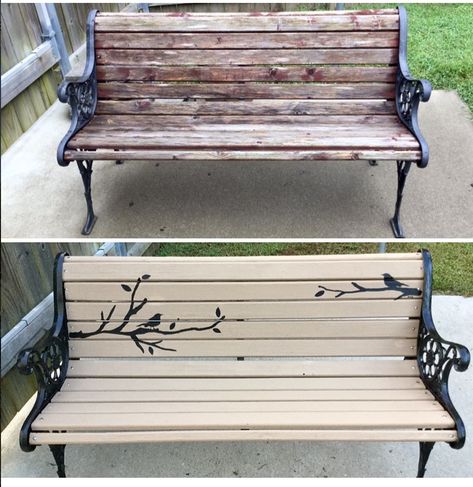 Garden Bench Refurbish, Cast Iron Bench Makeover, Painted Wood Bench Ideas, Upcycled Garden Bench, Painted Park Bench Ideas, Garden Bench Paint Ideas, Painted Garden Bench Ideas, Painted Benches Outdoor, Bench Painting Ideas