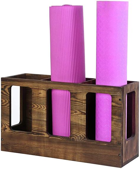 Amazon.com : MyGift 3 Compartment Vintage Dark Brown Wood Gym Sports Fitness Foam Roller/Yoga Mat Holder Wall Mounted or Floor Storage Rack : Sports & Outdoors Pilates Space, Yoga Mat Rack, Yoga Storage, Home Yoga Room, Home Gym Storage, Gym Organizer, Wood Storage Rack, Sport Rack, Yoga Mat Holder