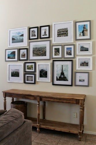 Travel Gallery Wall - Away She Went Junk House, Travel Photo Wall, Hallway Ideas Diy, Colored Frames, Wall Layout, Travel Gallery Wall, Travel Room, Gallery Wall Bedroom, Travel Wall Decor