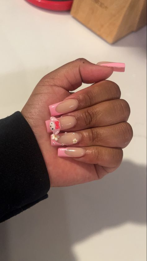 My Melody French Tip Nails, Pink My Melody Nails, My Melody Nails Short, My Melody Nails, Pink French Tip Nails, Pink French Tip, White French Tip, Pink French, French Acrylic Nails