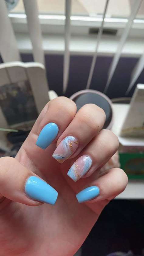 Cute Nails Marble, Mint And Blue Nails, Marble Square Nails, Blue Nails With Marble Design, Marble Blue Nails, Baby Blue Marble Nails, Light Blue Marble Nails, Blue Nail Marble, Blue Marble Nails