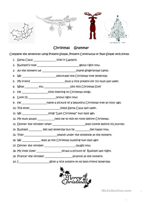 Christmas Grammar Story - English ESL Worksheets for distance learning and physical classrooms Christmas In Britain, Present Simple Present Continuous, Sentence Worksheet, Future Tense Verbs, Text Features Worksheet, Grammar Tenses, Digraphs Activities, Present Continuous, Nonfiction Text Features