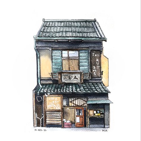 Practice watercolor and ink illustration of a Japanese storefront from Chuo City Tokyo Building Watercolor Painting, Building Watercolor, Aesthetic Building, Colour Drawing, Watercolor House Painting, Watercolor Architecture, Building Illustration, Architecture Drawing Art, House Illustration