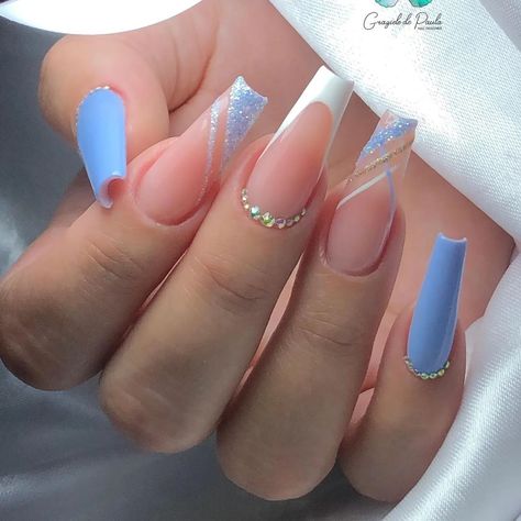 Acrylic Nails Square Blue, Light Blue Quinceanera Nails, Light Blue Nail Designs 2024, Ballerina Manicure, Uñas Soft Gel, Nails Light Blue, Blue French Tip Nails, Baby Blue Acrylic Nails, Gender Reveal Nails