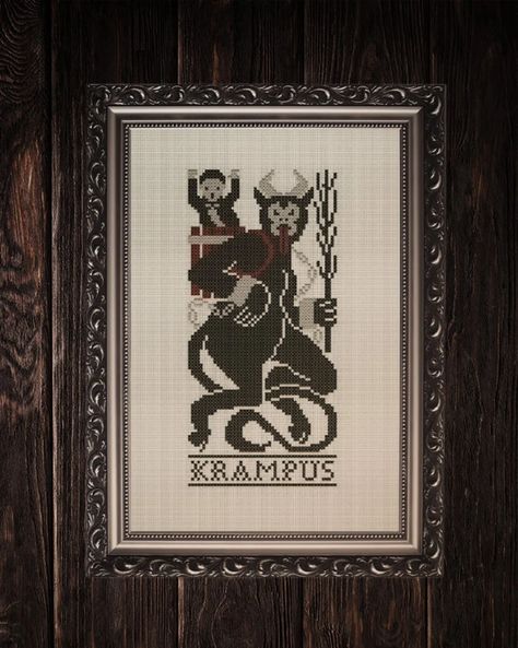 Krampus Printable Cross, Stitch Embroidery Design, Pattern Printable, Folk Design, Halloween Vampire, Framed Fabric, Christmas Display, Stitch Embroidery, Halloween Haunt