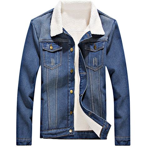 Fashion Casual Double Chest Pockets Thicken Slim Fit Denim Jackets for Men Denim Jacket Men Style, Fleece Denim Jacket, Denim Jacket Winter, Moda Denim, Thermal Jacket, Sherpa Lined Jacket, Mens Outdoor Jackets, Denim Jacket Fashion, Jean Jacket Men