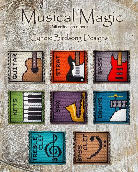 Cyndie Birdsong (@cyndbird) • Instagram photos and videos Crochet Music, Guitar Keys, Mosaic Square, Overlay Mosaic Crochet, Mosaic Crochet, Bass Drums, I Love This Yarn, Treble Clef, Pattern Collection