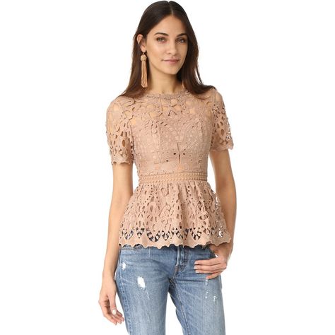 Ministry Of Style Lush Lace Top ($123) ❤ liked on Polyvore featuring tops, yoke top, flare top, short sleeve peplum top, lace peplum top and red short sleeve top Trendy Lace Top, Long Kurti Designs, Lace Short Sleeve Top, Ladies Blouse Designs, Fashion Jackson, Refashion Clothes, Lace Tops, Fashion Tops, Look Fashion