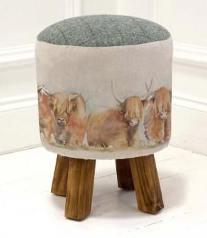 Highland Cattle Monty Stool Voyage Fabric, Stool Upholstery, Vintage Painted Furniture, Border Fabric, Highland Cattle, Country Interior, Bedroom Pictures, Scottish Artists, Western Homes