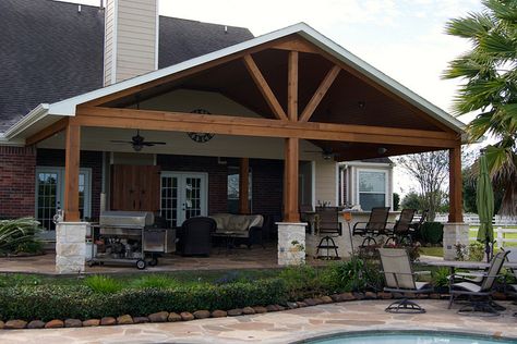 Gable Roof Patio Cover in Remington Trails Katy Vaulted Outdoor Patio, Back Patio Roof Ideas, Vaulted Covered Porch, Vaulted Back Patio, Screened In Porch Gable Roof, Vaulted Patio Cover, Screened In Porch With Gable Roof, Open Gable Back Porch, Open Porch Ideas