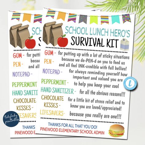 "School Lunch Room Worker Survival Kit Gift Tags! Perfect to use for the school lunch heroes in your life! ALL TEXT IS EDITBALE SO YOU CAN MAKE IT READ WHAT YOU WISH. TEMPLATE FORMATTED SIZES: size of individual card is 3.25\" x 4.5\" - 4 print per sheet Full Editing Options With Templett.com TRY BEFORE YOU BUY! Copy and paste the demo link below: https://templett.com/design/demo/TidyLady19/16092905 IMPORTANT: This is a DIY self-editing digital, printable product - I do not edit this file for yo School Lunch Lady Appreciation Gifts, Lunch Ladies Appreciation Gifts, Back To School Lunch Lady Gifts, Lunch Worker Appreciation, Gifts For Lunch Ladies Cute Ideas, Lunch Lady Gifts School, Cafeteria Worker Appreciation, School Lunch Lady Appreciation, National School Lunch Week Ideas