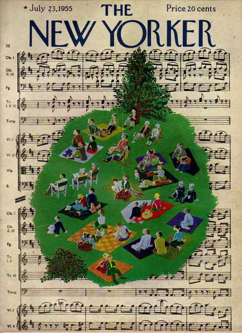 "Summer Music in Central Park." I was born in Coconut Grove, FL but this New Yorker magazine cover (which features my birth date) seems appropriate given my passion for music and the great outdoors. Note the absence of visible alcoholic beverages and also how "refined" the people seem to be :-) Summer New Yorker Covers, Best New Yorker Covers, Aesthetic Magazine Cover, Music Magazine Cover, Ilonka Karasz, New Yorker Magazine Covers, The New Yorker Covers, New Yorker Cover, The New Yorker Magazine