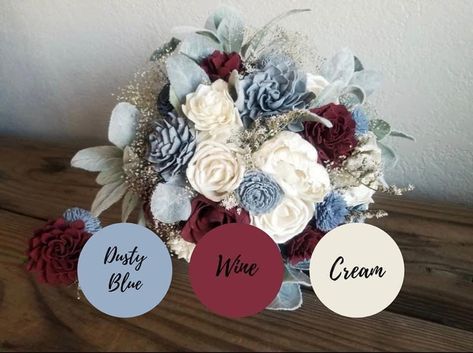 Blue Winter Wedding Decor, Sage Green Dusty Blue Maroon Wedding, Dusty Blue And Burgundy Fall Wedding, Dusty Blue And Burgundy Wedding Flowers, Dusty Blue And Burgundy Bouquet, Maroon And Dusty Blue Wedding, Dusty Blue And Burgundy Color Palettes, Dusty Blue And Cranberry Wedding, Merlot Wedding