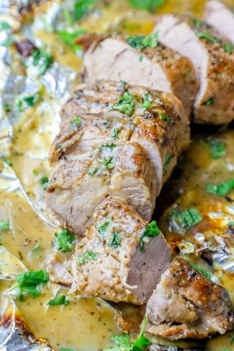 Easy Baked Ranch Pork Tenderloin and Gravy Recipe ⋆ Sweet C's Designs Pork Tenderloin And Gravy, Tenderloin And Gravy, Ranch Pork Tenderloin, Recipe For Pork Loin, Recipe For Pork, Baked Pork Tenderloin, Easy Baked Pork Chops, Baked Ranch Chicken, Garlic Pork