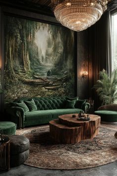 Living Room Forest Theme, Enchanted Forest Interior Design, Forest Living Room Ideas, Black And Olive Green Living Room, Emerald Green House Interior Design, Forest Green Apartment, Forest Themed Living Room, Green Couch Living Room Colour Schemes, Enchanted Forest House