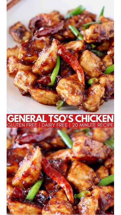 Gluten Free General Tso Chicken is easy to make in only 20 minutes! It's even better than Chinese takeout and made with the best sauce! General Tso Chicken Gluten Free, Gluten Free Asian Chicken, Gluten Free General Tso Chicken, Shrimp Stir Fry Healthy, Gluten Free Orange Chicken, Gluten Free Chinese Food, Gluten Free Chinese, Tso Chicken, Gluten Free Vegetarian Recipes