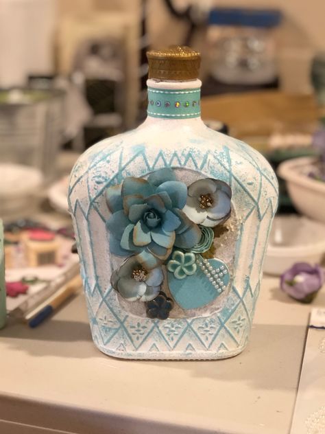 Painting Crown Royal Bottles, Crown Royal Bottle Art, Decorated Whiskey Bottles, Decorated Crown Royal Bottles, Crafts With Crown Royal Bottles, Crown Royal Crafts Diy, Diy Crown Royal Bottle Projects, Painted Crown Royal Bottles, Whisky Bottle Crafts