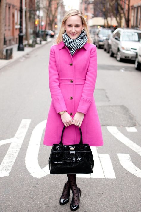 Spring Coats: Lighter and Brighter | Kelly in the City Fuchsia Pink Coat Outfit, Hot Pink Coat Outfit, Chic Long Pink Pea Coat, Hot Pink Winter Coat Long, Pink Coat Outfit, Cheap Hot Pink Wonter Coat, How To Wear Loafers, Winter Leather Jackets, Cool Winter