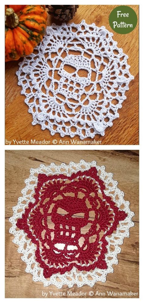 Skull Coaster Crochet Pattern, Crochet Table Runner Free Pattern, Table Runner Free Pattern, Yarn Dreads, Crochet Skull Patterns, Halloween Coasters, Crochet Pot Holders Free Pattern, Crochet Granny Squares, Crochet Basket Pattern Free