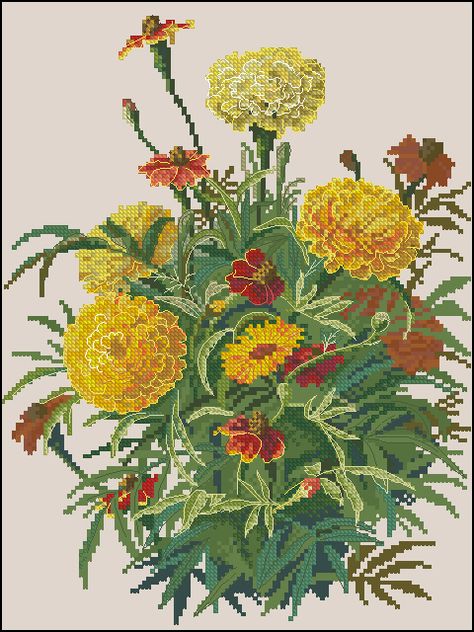 Free cross-stitch pattern "Marigold". Download free floral cross-stitch patterns , landscapes, cross-stitch for beginners , for kids Marigold Cross Stitch, Floral Cross Stitch Pattern, Vintage Cross Stitch Pattern, Xstitch Patterns, Marigold Flower, Cross Stitch Patterns Flowers, Cross Stitch Bird, Vintage Cross Stitches, Japanese Flowers