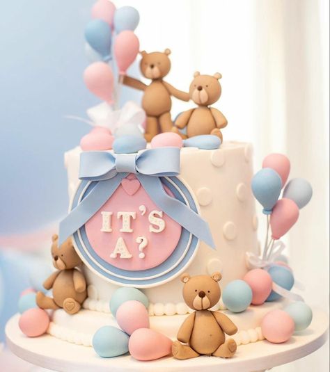 Bear Cake Gender Reveal, Gender Reveal Cake Ideas Boy Or Girl, Torte Baby Shower Boy Or Girl, Bakery Vendor Booth, Gender Cake Ideas, Idee Gender Reveal, Teddy Bear Gender Reveal Cake, Baby Gender Cake, Gender Reveal Torte