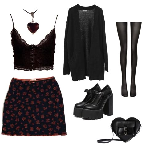 Pattern Style Fashion, All Black Polyvore Outfits, Girly Grunge Outfits Fall, Whichy Vibes Outfit, Goth Dress Outfit Ideas, Moon And Star Outfit, Black Dress Outfit Goth, Cute Winter Outfits Alt, Paranormal Aesthetic Outfits