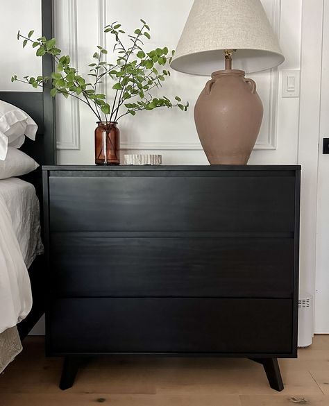 Nightstand or dresser? Who says it can't be both!⁠ .⁠ Our 3-Drawer Dresser is the perfect addition to your bedroom. The modern and minimalist look paired with the bold black finish adds stunning style to your space. The spacious drawers are great for storing your bedtime necessities. Pair it with our matching bedframe to complete the look. Check out our website to see all of our solid wood furniture pieces!⁠ .⁠ #plankandbeam #dresser #minimalistaesthetic #modernhome #organicstyle #homedetails Bedside Table 3 Drawer, Minimalist Dresser, Secret Basement, Olive Bedroom, Dresser Minimalist, Wood Chest Of Drawers, Aspen Wood, Dresser For Bedroom, 3 Drawer Dresser