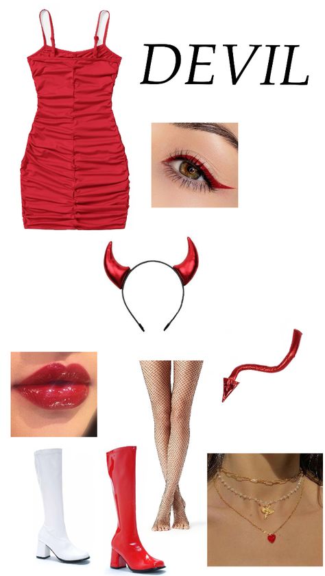 Devil Aesthetic Costume, Simple Devil Costume, Red Devil Costume Women, Diy Devil Costume Women, Devil Halloween Costume For Women, Red Costume Ideas For Women, Hot Devil Costume, Devil Costume Ideas, Red Devil Halloween Costume