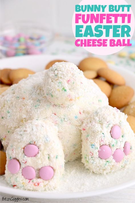 Bunny Butt Funfetti Easter Cheese Ball - What a sweet way to celebrate Easter! This Funfetti Easter Cheese Ball is made with cake mix, sprinkles and white chocolate then shaped into a cute bunny butt! #bitzngiggles #funfetti #Easter #cheeseball #dessert #cakemix #whitechocolate Easter Cheeseball, Easter Cheese Ball Recipes, Easter Cake Balls, Easter Cheese Ball, Easter Dips, Easter Bunny Desserts, Easter Cheese, Bunny Desserts, Dessert Cheese Ball