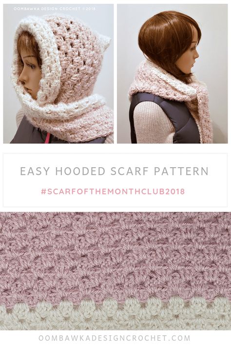 Easy Hooded Scarf Pattern from Oombawka Design Crochet Scarf of the Month Club November November Crochet, Crochet Hooded Scarf Pattern Free, Crochet Hoodies, Crochet Head Bands, Crochet Hooded Scarf Pattern, Crochet Hooded Cowl, Winter Crochet Patterns, Scarfs Ideas, Hooded Scarf Pattern