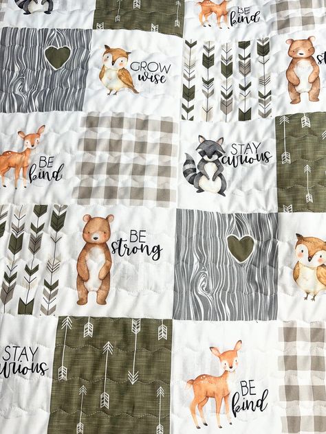 This darling  35"x40" baby boy Woodland Theme quilt is just the finishing touch for your nursery!  I added luxuriously soft Designer minky backing, Warm Company batting, then quilted the three layers & finished off with a traditional double fold binding to achieve an heirloom quality quilt!  Perfect for your precious little one to snuggle with or playtime on the floor. My quilts are made with attention to detail & craftsmanship & to Love, Use, & Wash over & over! They get softer with every wash! Woodland Creatures Quilt, Baby Boy Quilts Patterns Free, Woodland Nursery Color Scheme, Woodland Quilt Pattern, Baby Boy Quilts Ideas Free Pattern, Baby Boy Quilts Ideas, Woodland Mural, Sew Blankets, Baby Boy Quilt Patterns