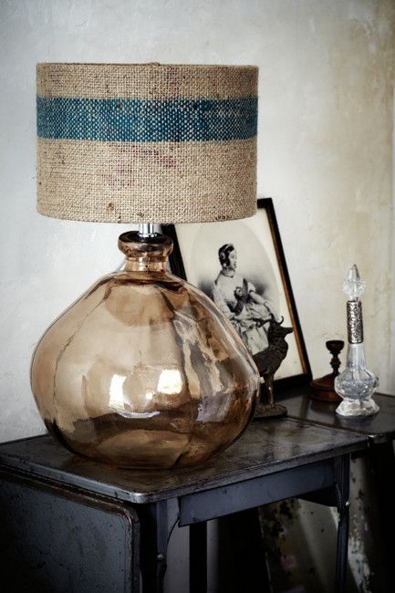 Blown glass lamp with burlap/grain sack shade. Burlap Lampshade, Dame Jeanne, Deco Luminaire, I Love Lamp, Transitional Living Rooms, Beautiful Lamp, Glass Lamp, Interior Inspiration, Home Deco