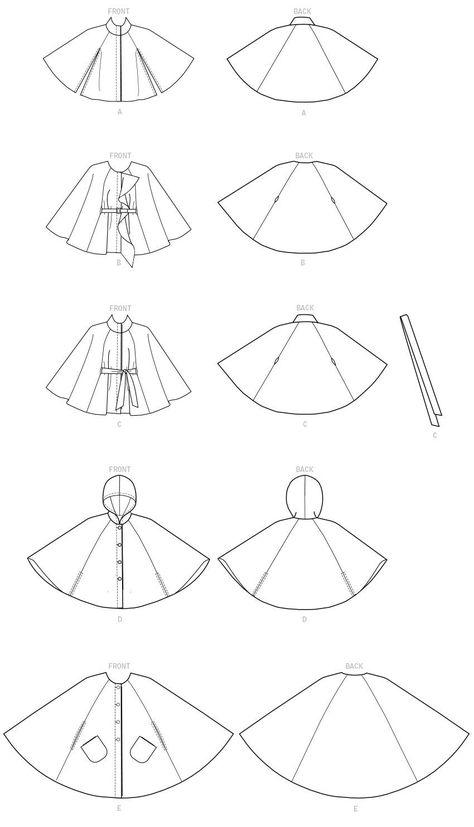 Sizes 4 to 14 or 16 to 26 Lined capes have side-front and side-back seams, neckline and length variations. A, B, C: Snap closure. B, C: Side-front and side-back openings for belt. B: Self-flounce. C: Self-belt. D, E: Button closure. D: Hood. E: Pockets and side-front openings. New, uncut paper pattern. Cloak Sewing Pattern, Cape Coat Pattern, Cloak Pattern, Poncho Pattern Sewing, Cape Pattern Sewing, Diy Sy, Hood Pattern, Cape Costume, Cape Pattern