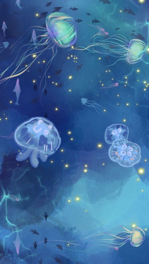 Aquarium Aesthetic Drawing, Jelly Fish Wallpaper Blue, Cute Jellyfish Wallpaper, Aquatic Wallpaper, Jellyfish Background, Aquarium Wallpaper, Eevee Wallpaper, Ocean Drawing, Simplistic Wallpaper