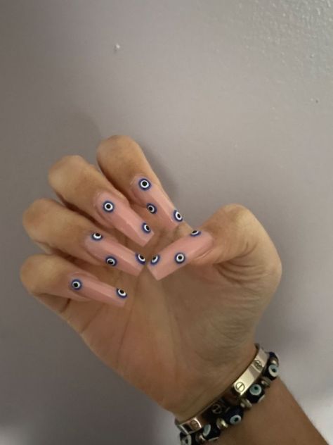 Coffin Acrylic Nails Evil Eye, Evil Eye Coffin Acrylics, Blue Evil Eye Acrylic Nails, Square Evil Eye Nails, Evil Eye Nails Square, Evil Eye Nails Coffin, Evil Eye Acrylics, Greek Eye Nails, Blue Eye Nails