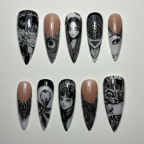 Junji Ito Nail Art, Tomie Nails, Junji Ito Nails, Pressons Nails, Cosmo Wanda, A Very Hungry Caterpillar, Food Nails, Nyc Nails, Anime Nails