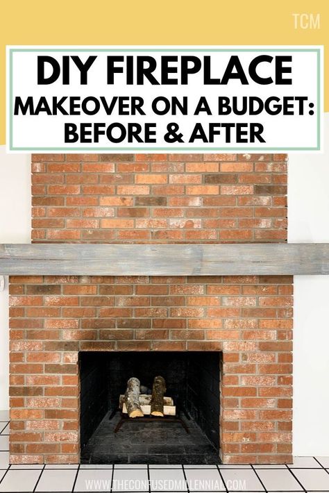 DIY Painted Brick Fireplace Makeover On A Budget: Before & After - The Confused Millennial Painted Brick Fireplace Makeover, Brick Fireplace Remodel, Brick Fireplace Decor, Fireplace Hearth Tiles, Farmhouse Fireplace Mantels, Hearth Tiles, Red Brick Fireplaces, White Brick Fireplace, Fireplace Redo