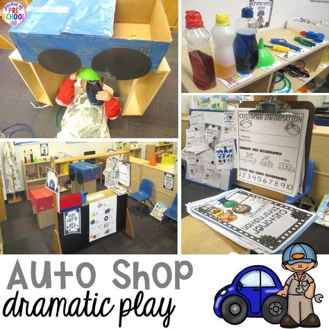 Wheels Dramatic Play, Mechanic Pretend Play, Auto Body Shop Dramatic Play, Hardware Store Dramatic Play, Mechanic Dramatic Play, Easy Dramatic Play, Auto Shop Dramatic Play, Preschool Transportation, Pocket Of Preschool