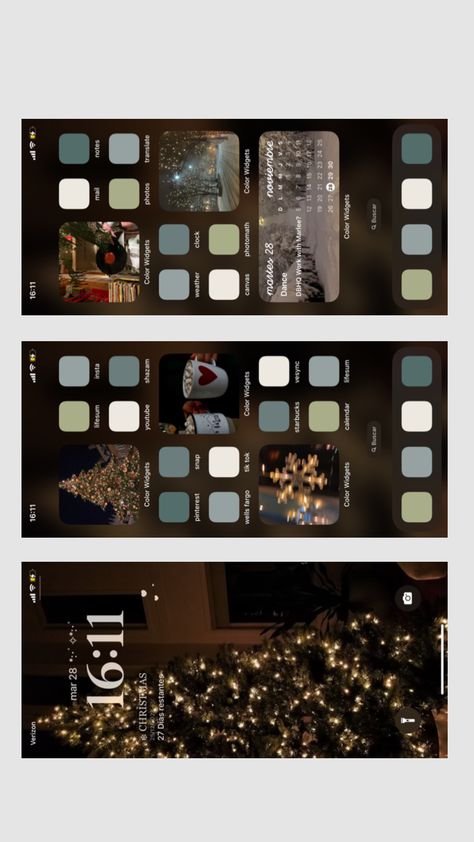 Christmas Home Screen Layout, App Covers Green, Wallpaper Iphone Layout, Snowing Christmas Tree, Homescreen Wallpaper Iphone, Christmas Lights Aesthetic, Snowing Christmas, Christmas Home Screen, Home Screen Layout