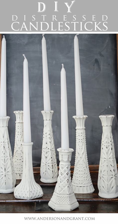 Thrift Store Transformation...Making Distressed Candlesticks out of glass bud vases.....Easy #DIY! Painted Candlesticks, Thrift Store Diy, Thrift Store Crafts, Kitchen Decorating, Upcycled Crafts, Décor Diy, Diy Candles, Diy Projects To Try, Glass Crafts