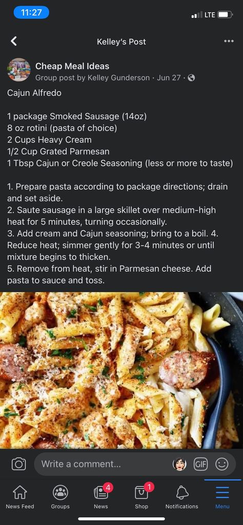 New Orleans Pasta From Cheddars, New Orleans Pasta Recipe, Cheddars New Orleans Cajun Pasta, Voodoo Pasta New Orleans, Cheap Italian Meals, Cajun Seafood Pasta Recipes, Creole Pasta Recipes, Louisiana Pasta Recipe, Smoked Sausage Cajun Alfredo