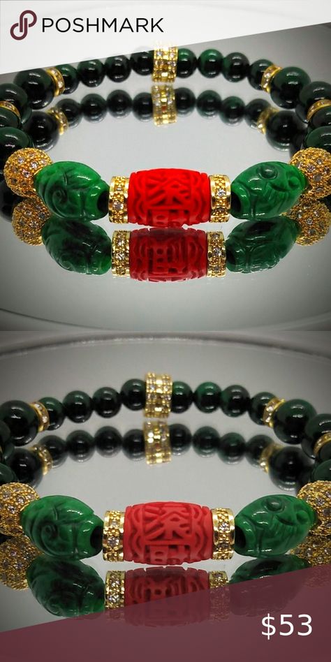 Bracelet made with Carved Cinnabar, Carved Jade, Jade beads, crystals and gold. Carved Jade, Jade Carving, Hand Crafted Jewelry, Jade Beads, Crafted Jewelry, Bracelet Making, Jade, Amber, Hand Crafted