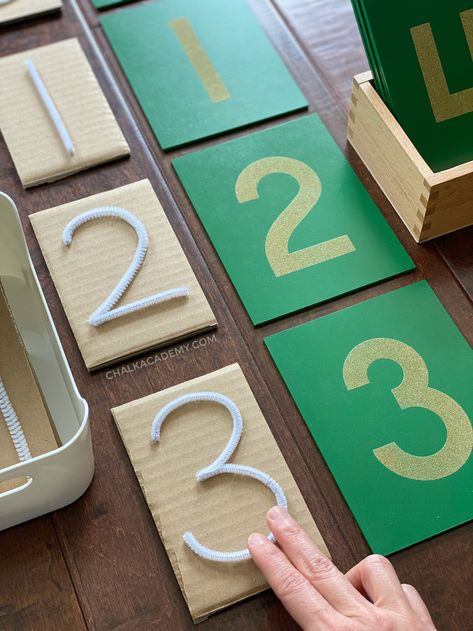 Montessori numbers sandpaper boards and DIY tactile pipe cleaner numbers Tactile Preschool Activities, Tactile Number Activities, Montessori Number Activities, Diy Montessori Toys 2-3, Diy Montessori Activities, Montessori Letters, Numbers Activities Preschool, Montessori Numbers, Montessori Elementary Classroom