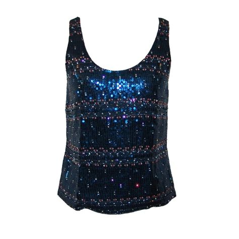 Giorgio Armani Navy Blue Sequin And Beaded Sleeveless Top - 42 Beaded Shirt, Navy Blue Top, Sequin Tank Tops, Beaded Top, Travel Outfit, Giorgio Armani, Fashion Ideas, Tank Top Shirt, Tank Top Fashion