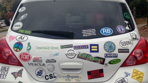 Cars With Bumper Stickers, Car Covered In Stickers, Pilgrims Progress, Sticker Bomb, Earthship, Car Bumper Stickers, Car Personalization, Dog Car, Car Stuff