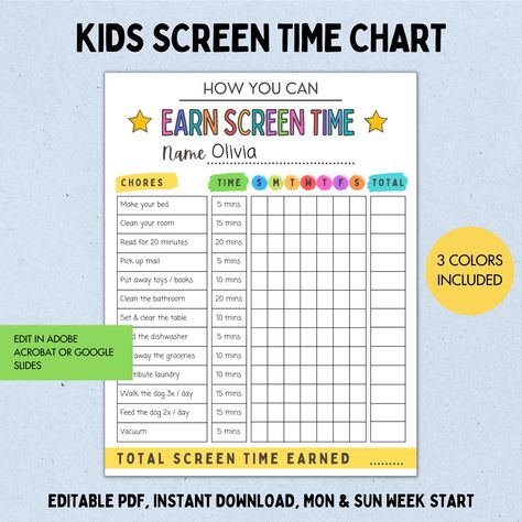 Earn Your Screen Time Printable, Earn Screen Time Chart, Earn Screen Time, Screen Time Checklist, Screen Time Tracker, Screen Time Chart, Kids Checklist, Scavenger Hunt Birthday, Family Binder