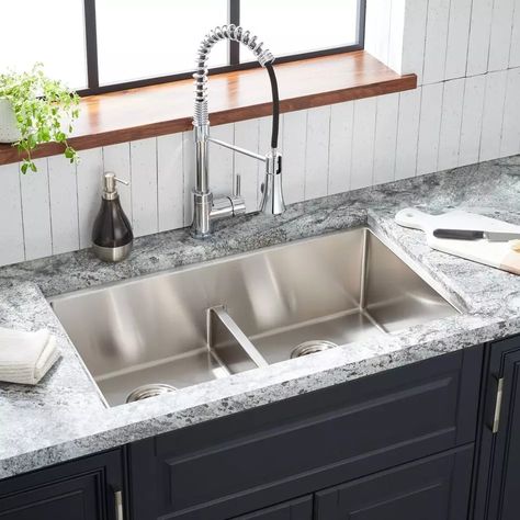 32" Ortega Low-Divide Double-Bowl Stainless Steel Undermount Sink, Double Sink In Kitchen, Double Kitchen Sink Ideas, Undermount Double Kitchen Sink, 1900 Kitchen, Kitchen Sink Ideas, Double Bowl Undermount Kitchen Sink, Stainless Steel Double Bowl Kitchen Sink, Large Kitchen Sinks, Curved Kitchen Island