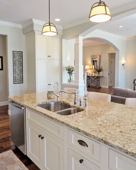 Kitchen wall color is Sherwin Williams, Conservative Gray. Giallo Ornamental granite. Cream Kitchen Cabinets, Cream Kitchen, Kitchen Wall Colors, New Kitchen Cabinets, Kitchen Cabinets Makeover, Classic Kitchen, Granite Kitchen, Trendy Kitchen, White Kitchen Cabinets