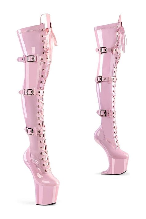 8" Heelless, 3" Platform Lace-Up Front Thigh Boot, & Side Zipper Ballet Boots, Alternative Shoes, High Heel Stiefel, Single Sole Heels, Festival Shoes, Dance Heels, Pink Platforms, Punk Boots, Gogo Boots