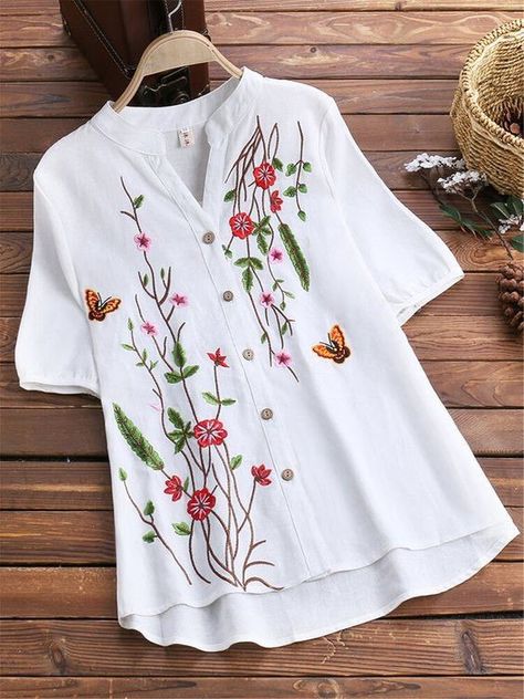 KSF 05 SINGLES AVAILABLE. Shirt Top Fabric :- Rayon Printed Shirt Length:- Front 31"Inch, back 35" Full Stitched Readymade Size :- S-36, M-38, L-40, XL-42 Vintage Blouses, Birthday Image, Pola Bordir, Floral Shirts, Embroidery Cotton, Embroidery Top, Embroidered Clothes, Embroidered Shorts, Blouse Vintage